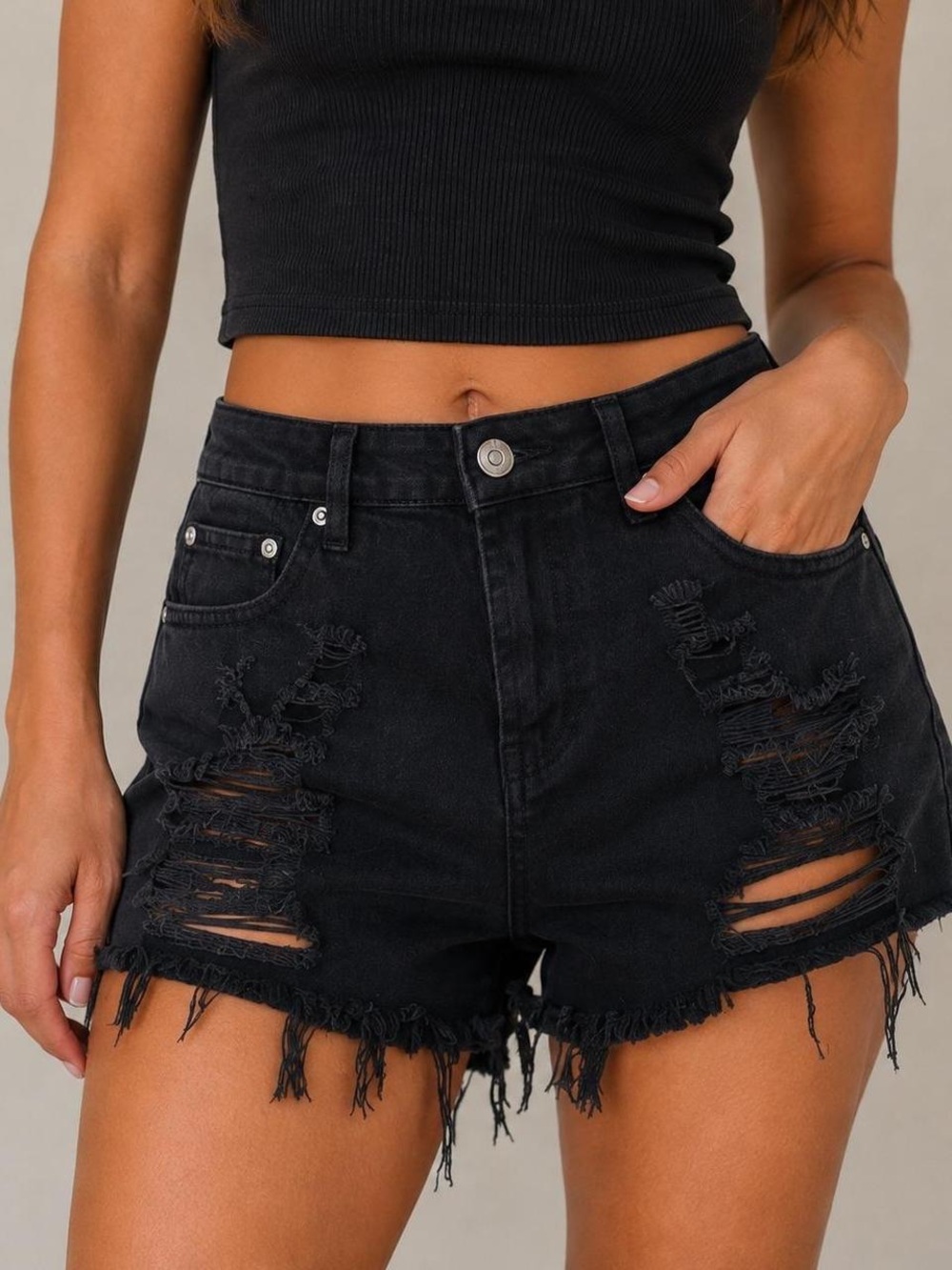 High-Waist Black Distressed Denim Shorts